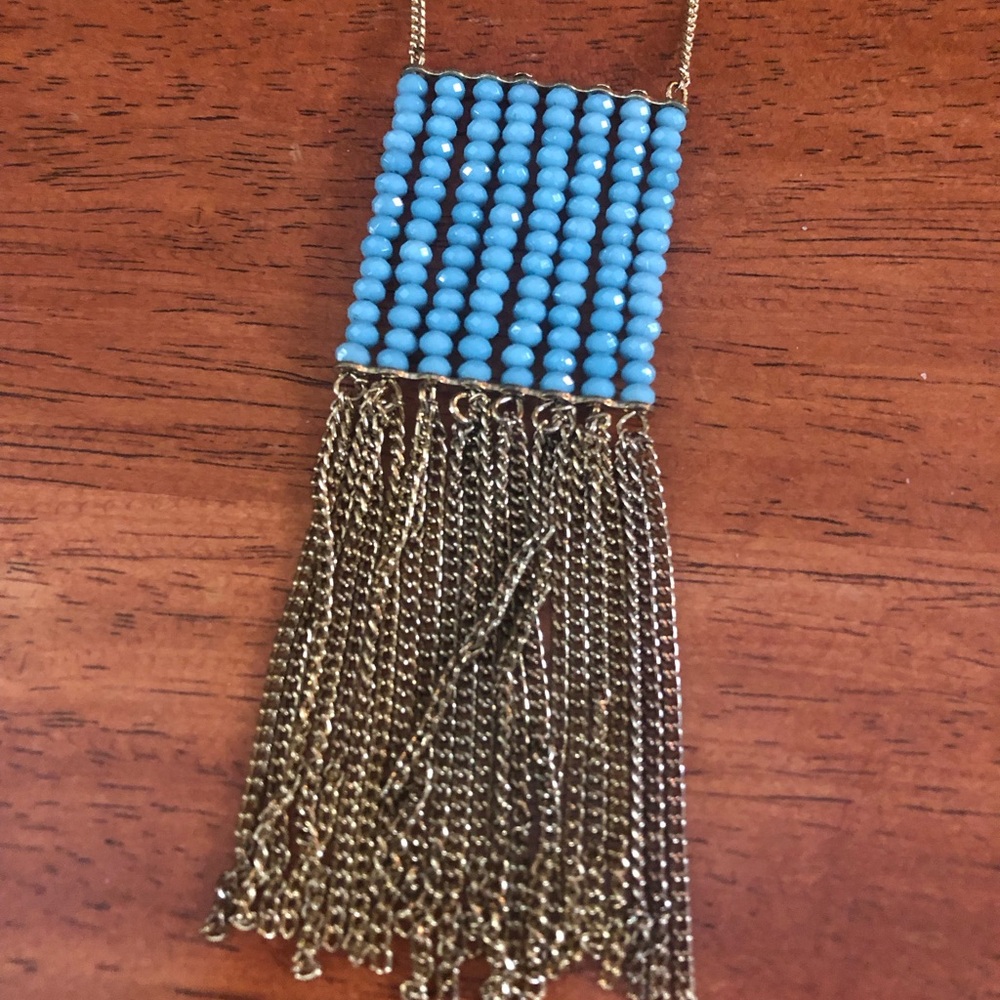 (Discount Shipping) Blue-green Beaded Fringe Necklace with Gold Chains